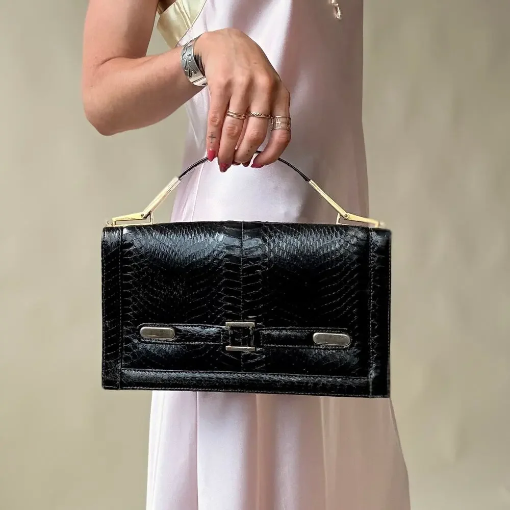 1940s/50s Black Snakeskin Bag - Gold Hardware, Suede Interior, 3 Sections